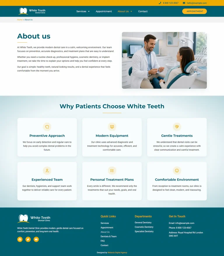 Sobre nós White Teeth tema WordPress dentário – Sobre nós