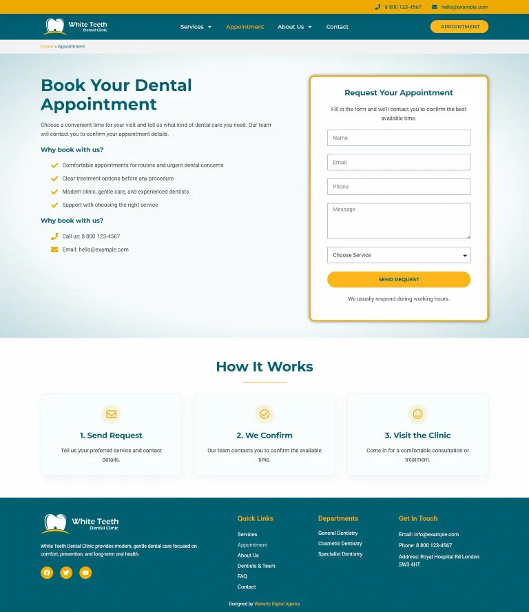 Marcar consulta White Teeth tema WordPress dentário – Marcar consulta