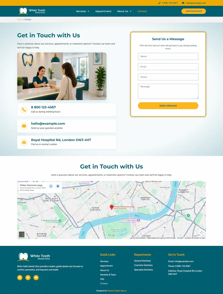 Contacto White Teeth tema WordPress dentário – Contacto