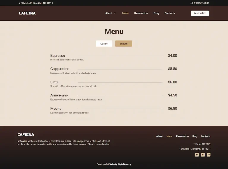 Menu Cafeina tema WordPress para cafés – Menu