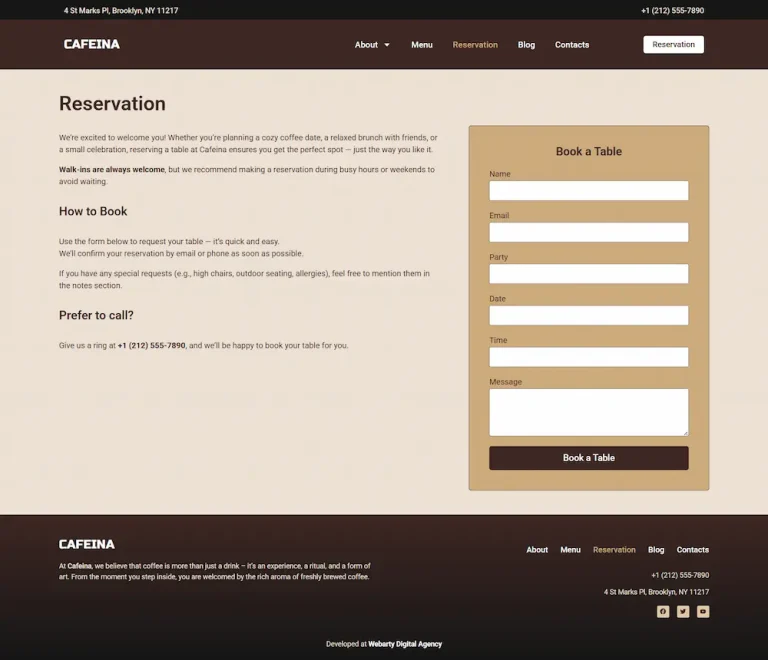 Reservas Cafeina tema WordPress para cafés – Reservas