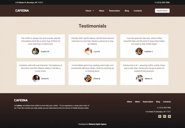 Testemunhos Cafeina tema WordPress para cafés – Testemunhos